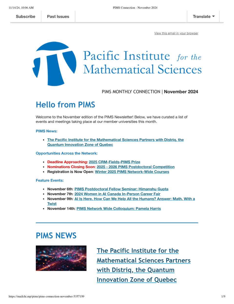 Pims Lab PIMS Connection November 2024 | PIMS - Pacific Institute for the ...